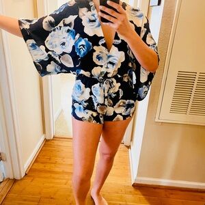 Floral Kimono Romper in Navy & Blue